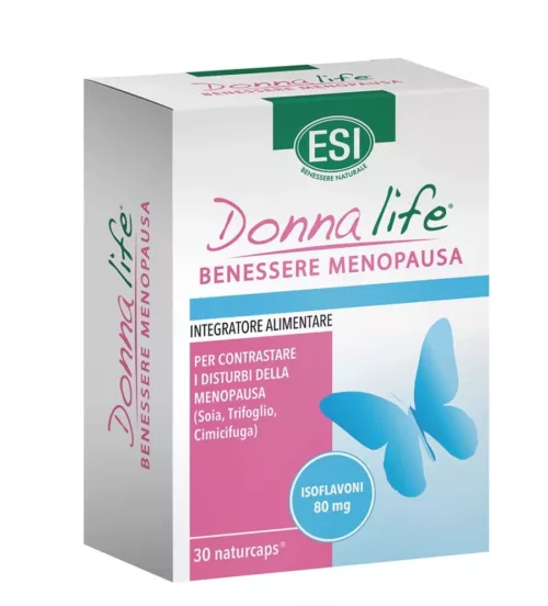 Donna Life 30 cápsulas, complemento natural para menopausia con isoflavonas, trébol rojo y cimicifuga. Alivio prolongado para sofocos e irritabilidad. Sin gluten.