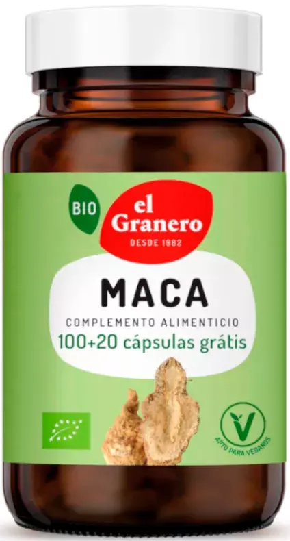 Maca Bio 120 cápsulas de El Granero: complemento natural para aumentar la energía y combatir la fatiga. Mejora tu bienestar con ingredientes ecológicos.