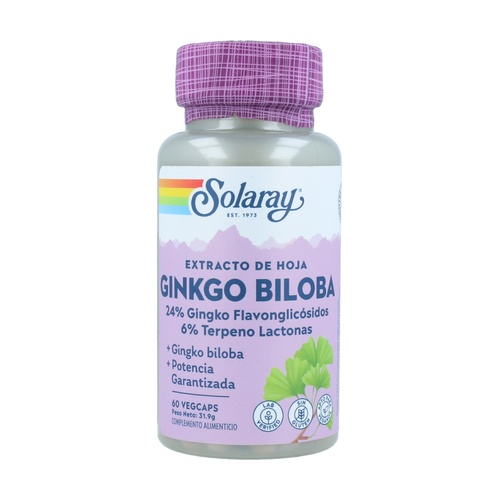 Ginkgo Biloba Cápsulas Solaray, suplemento natural para mejorar la memoria y la concentración, 60 mg por cápsula, ideal para la salud cerebral.