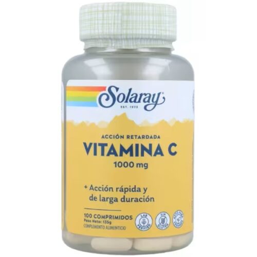 Envase de VITAMINA C 1000 MG SOLARAY: suplemento de acción sostenida para reforzar tus defensas naturalmente.