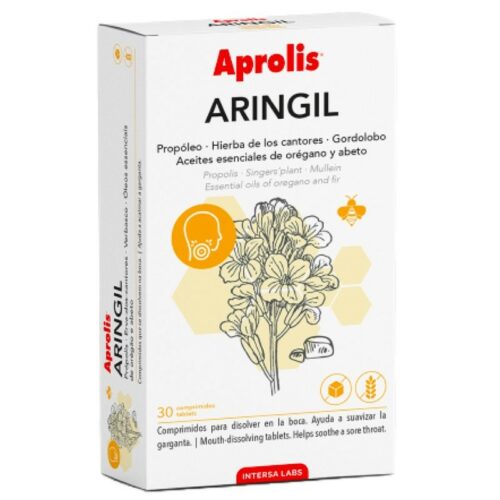 ARINGIL 30 COMP de INTERSA, pastillas naturales con propóleos y mucílagos para aliviar garganta. Encuéntralo en Herbolario de Guardia para una voz más clara.
