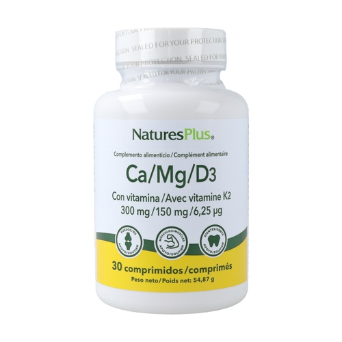 Calcio, Magnesio, D3 y K2 de Natures Plus: fórmula completa para la salud ósea. Mejora la absorción y cuida tus huesos con este suplemento.