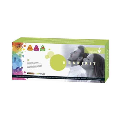 Respirit 20 viales de Novadiet, complemento natural para la salud respiratoria. Con jalea real, propóleo y eucalipto, alivia síntomas de resfriado y fortalece el sistema inmune.