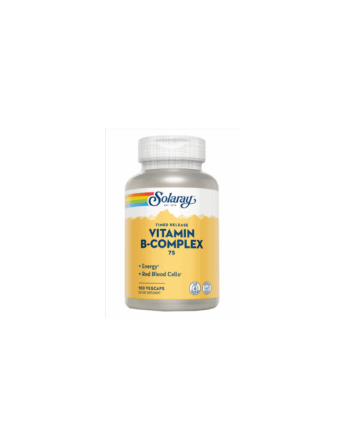 Envase de VITAMINA B COMPLEX 75 SOLARAY 100CAP, suplemento vegetal con vitaminas B para energía, vitalidad y bienestar natural.