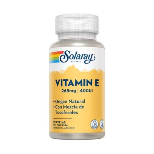 VITAMINA E 400 IU SOLARAY 50 PERLAS, potente antioxidante natural que cuida piel, corazón y defensas. Ideal para mantener tu vitalidad.