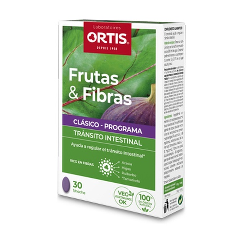 Frutas y Fibras Clásico de Ortis: suplemento natural para el tránsito intestinal, con ruibarbo, tamarindo e higo. Disponible en Herbolario de Guardia.