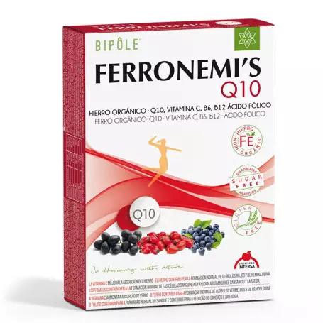 Bipole Ferronemis Q10, suplemento natural que mejora los niveles de hierro y combate la fatiga. Sin gluten, sin azúcar, ni conservantes. Ideal para personas con anemia o fatiga crónica.