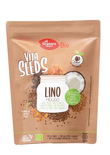 granos y semillas VITASEEDS LINO MOLIDO CON TRIGO SARRACENO, COCO,NIBS DE CACAO Y ALMENDRAS BIO, 200 g S/G